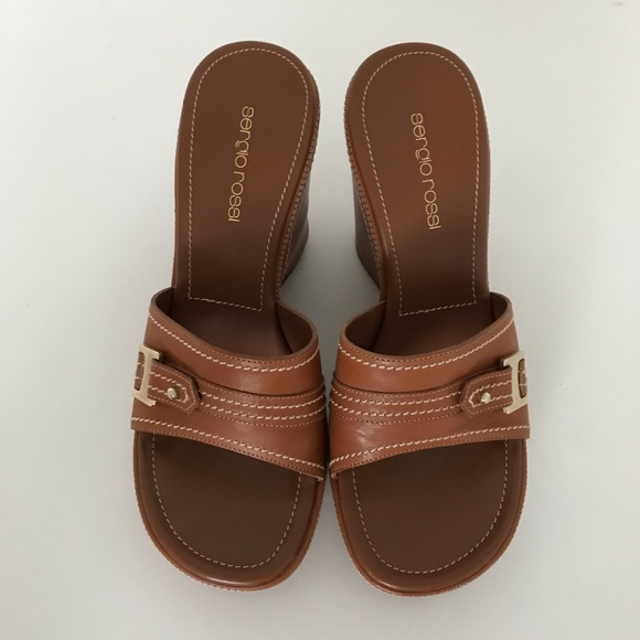 Sergio Rossi | Wedge Mules - Saddle Tan - Picture 3 of 12